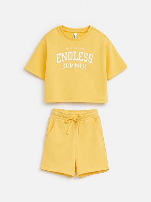 20224200019, Комплект детский для девочек ((1)футболка и (2)шорты)пижамные) Purim1 желтый, 60%Хлопок,40%ПЭ, 104
