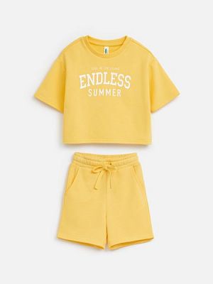 20224200019, Комплект детский для девочек ((1)футболка и (2)шорты)пижамные) Purim1 желтый, 60%Хлопок,40%ПЭ, 104